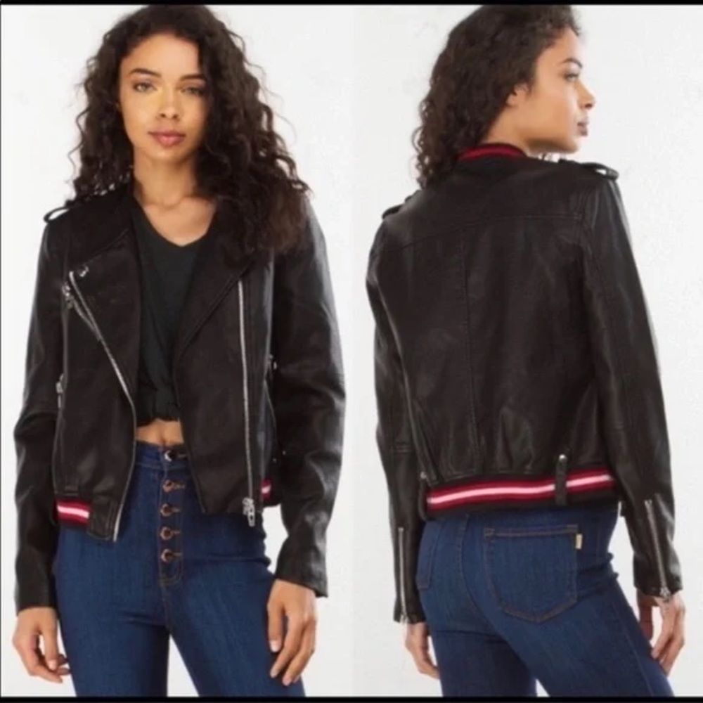 Blank NYC “Frisky Business” Faux Leather Vegan Moto Jacket Bally Stripe XS